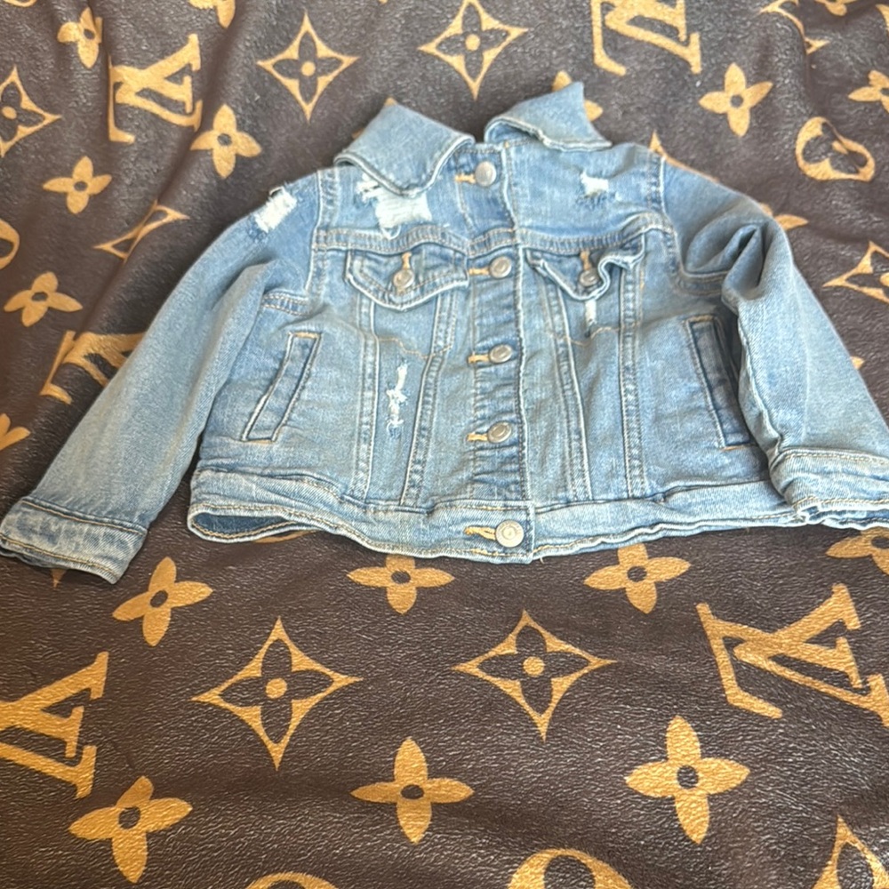 Toddler girl Denim Jacket distressed and upcycled with lousis  Vuitton scarfs